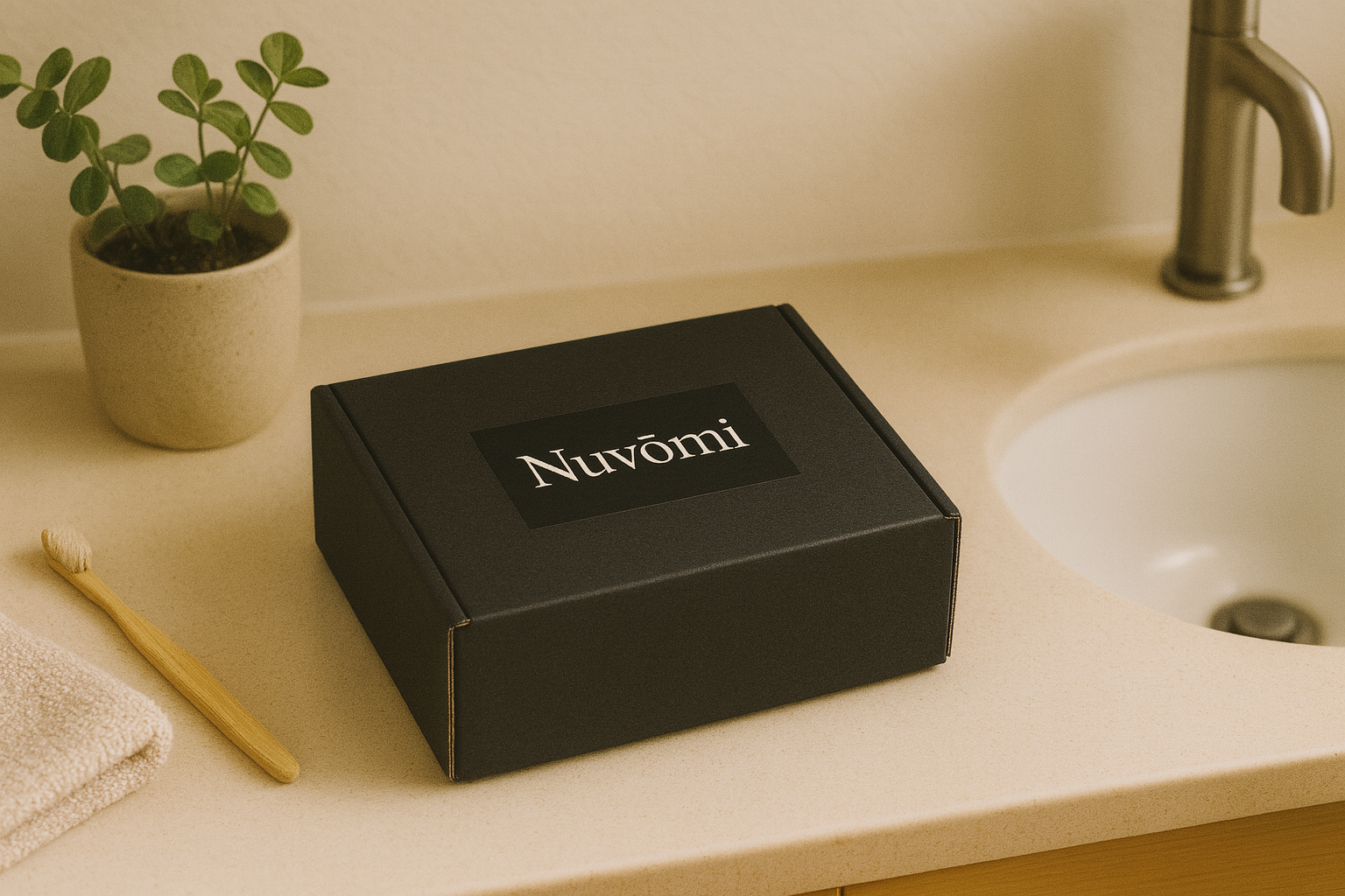 Nuvōmi Starter Box on bathroom counter beside sink with natural daylight